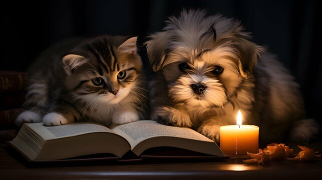 cat and dog reading