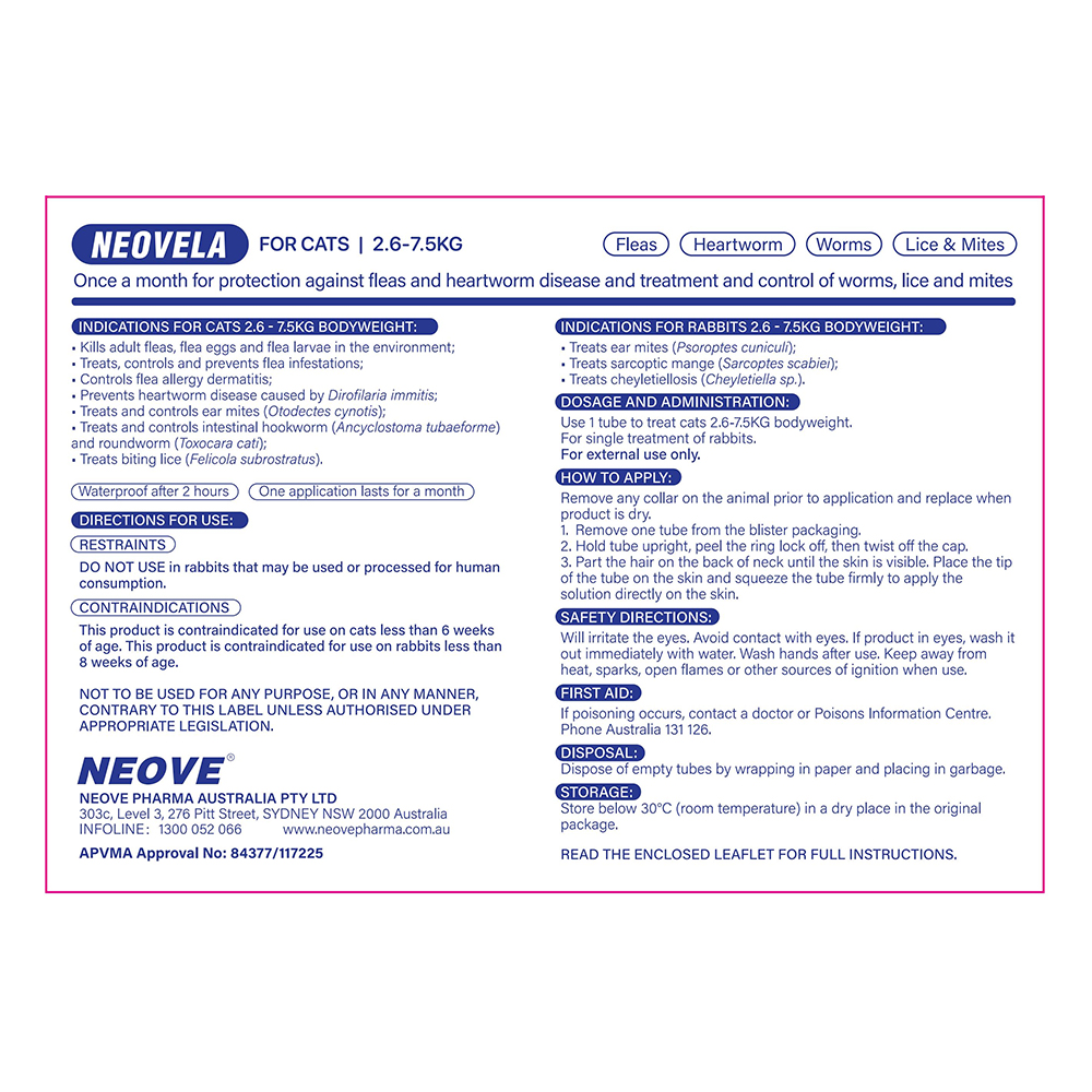 Neovela (Selamectin) Flea And Worming For Cats 2.6 - 7.5 Kg Blue