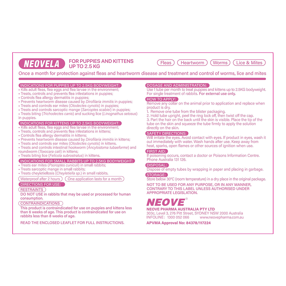 Neovela (Selamectin) Flea and Worming For Puppies and Kittens Upto 2.5 Kg Pink