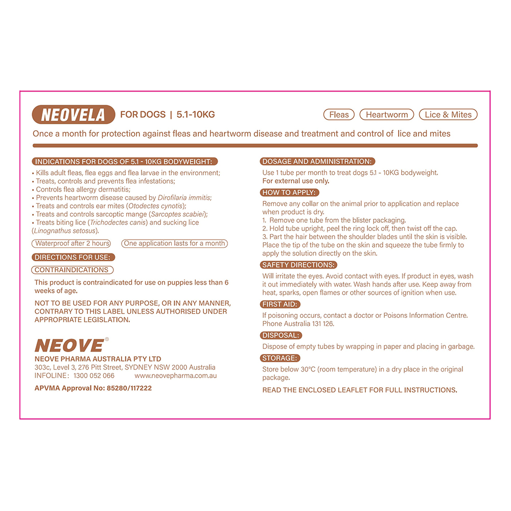 Neovela (Selamectin) Flea and Worming For Dogs 5 - 10 Kg Brown