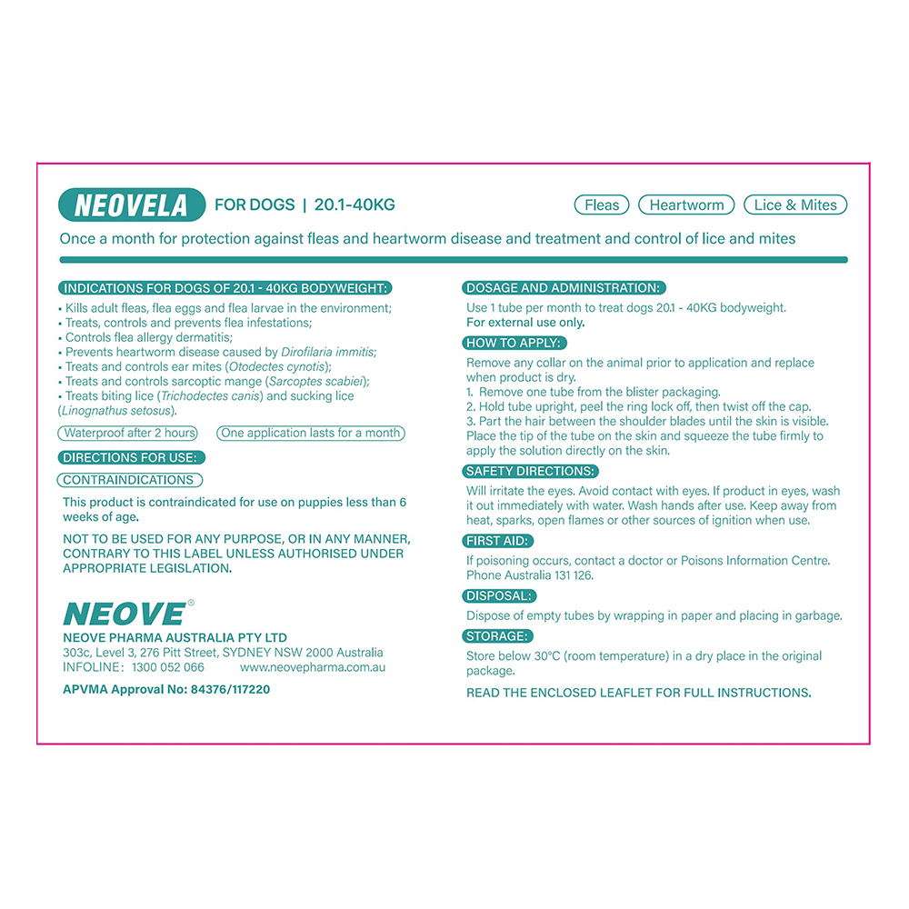 Neovela (Selamectin) Flea and Worming For Dogs 20 - 40 Kg Aqua