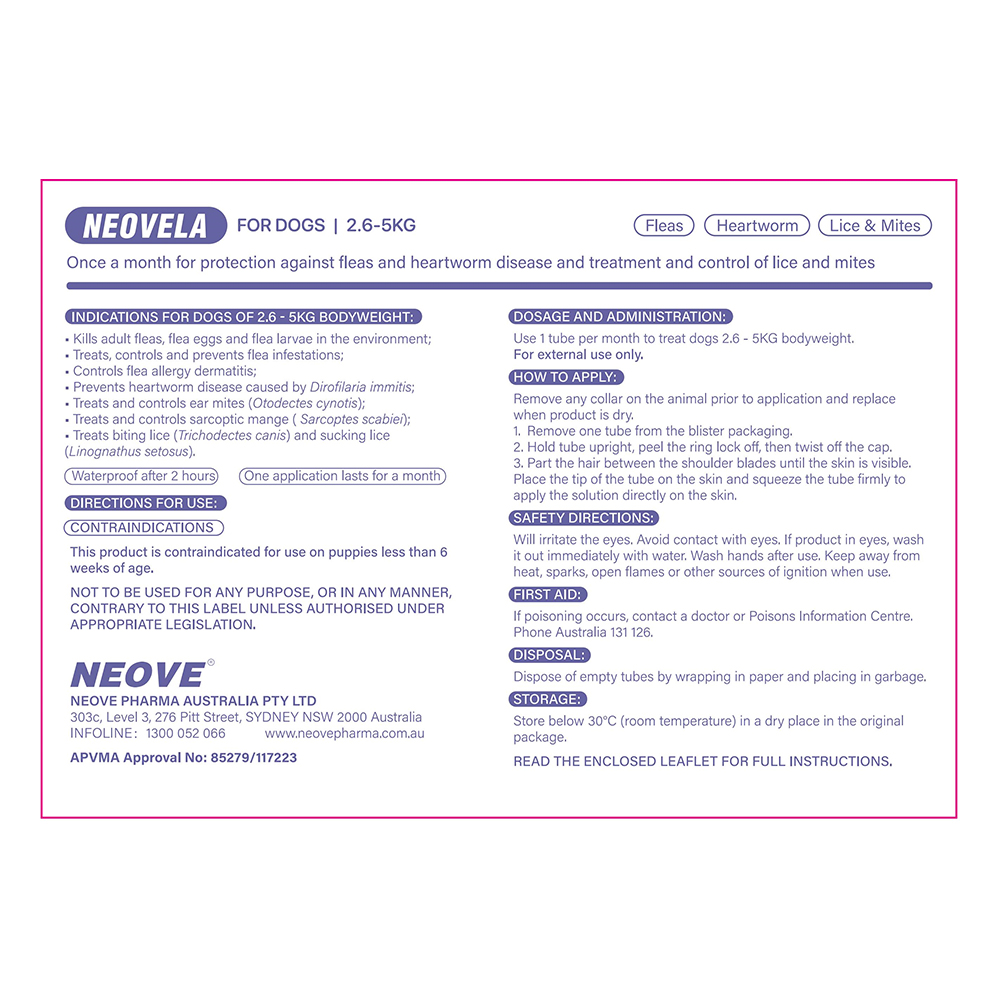Neovela (Selamectin) Flea and Worming For Dogs 2.5 - 5 Kg Purple