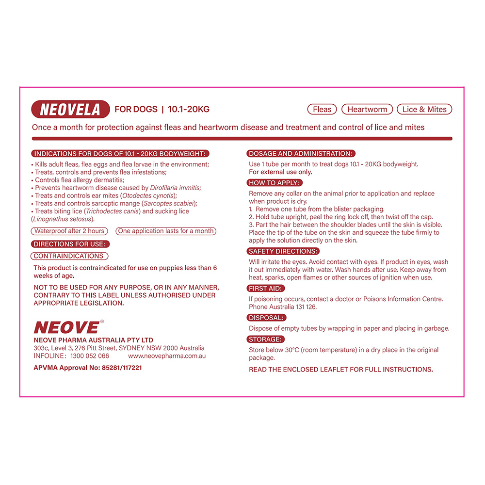 Neovela (Selamectin) Flea and Worming For Dogs 10 - 20 Kg Red