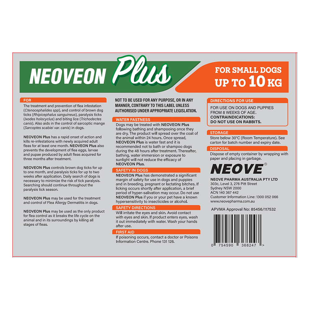 Neoveon Plus Flea and Tick For Small Dogs Upto 10kg Orange