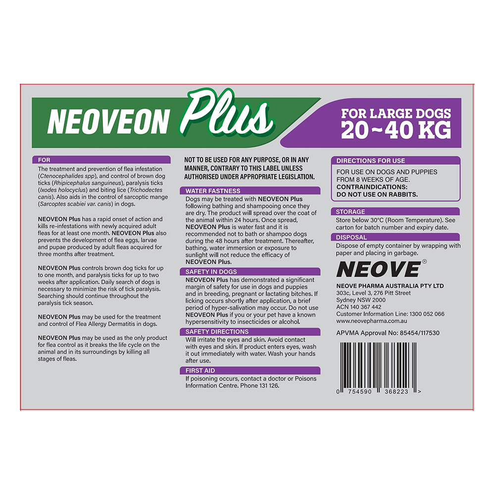 Neoveon Plus Flea and Tick For Large Dogs 20 to 40kg Purple