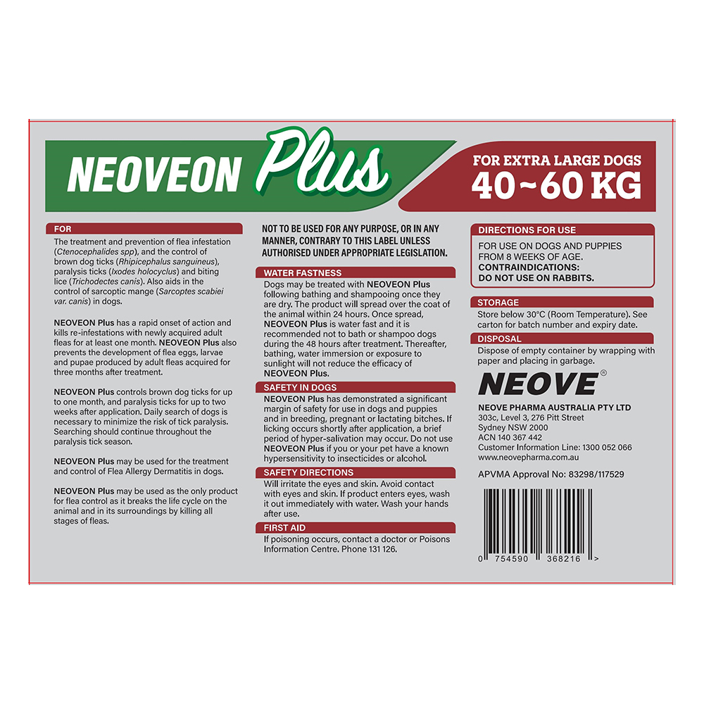 Neoveon Plus Flea and Tick For Extra Large Dogs 40 to 60kg Red