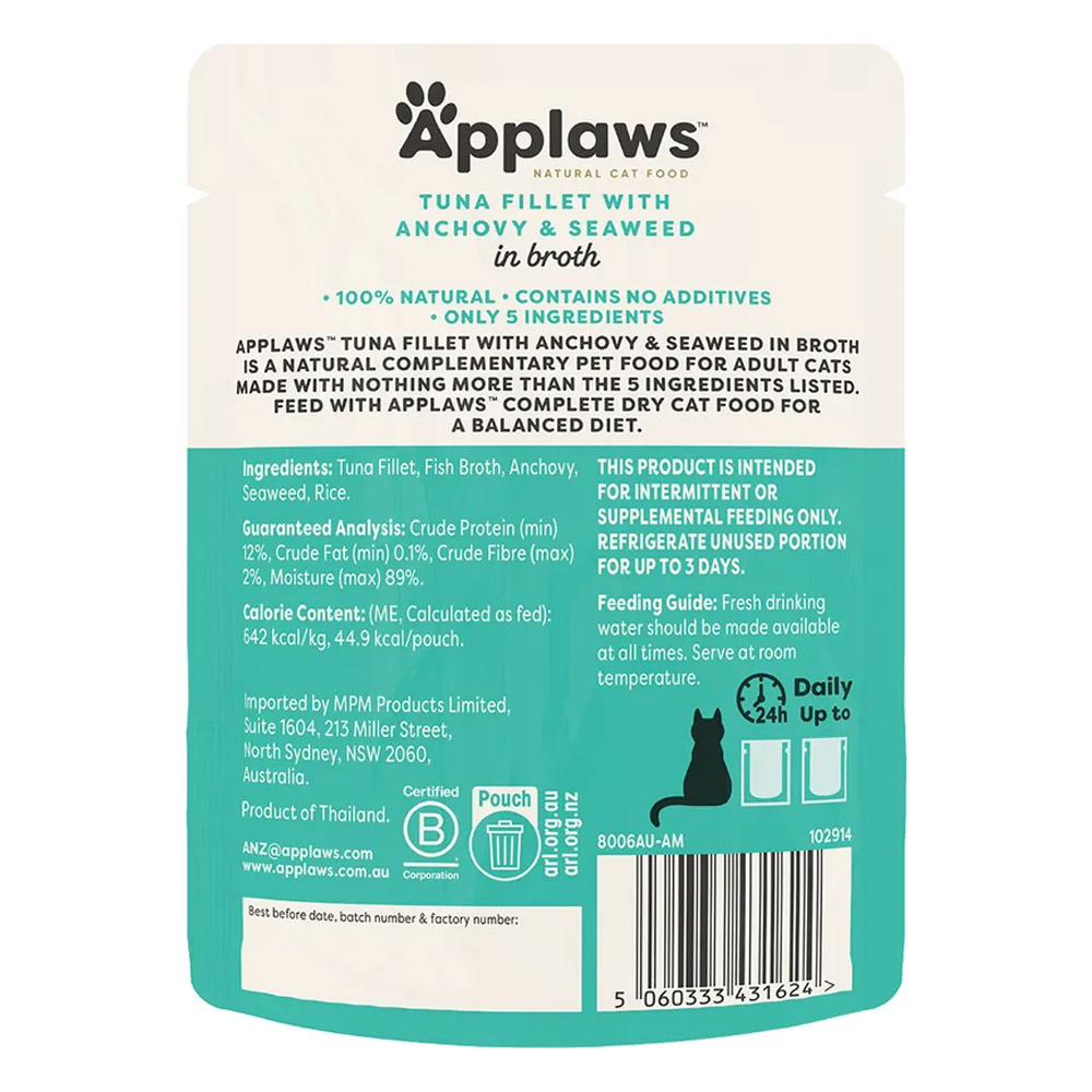 Applaws Natural Tuna Fillet with Anchovy & Seaweed in Broth Wet Cat Food 70gm