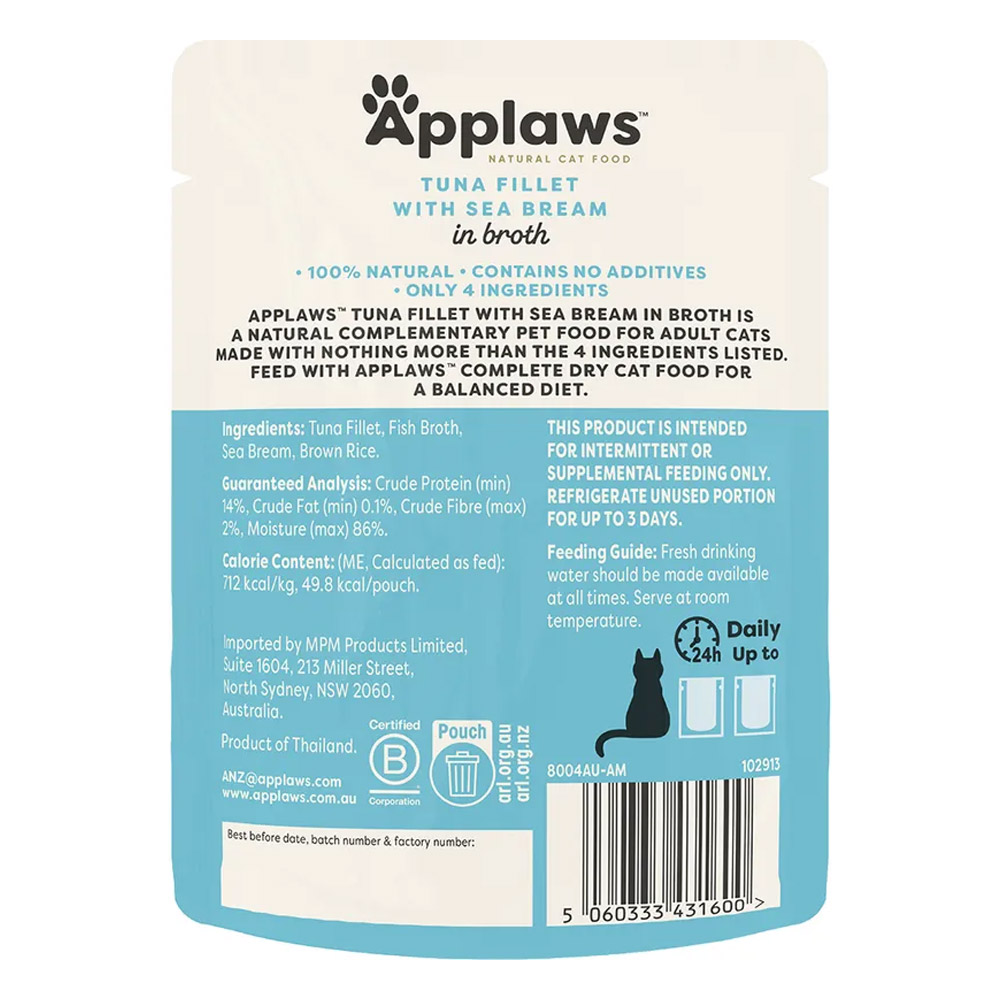 Applaws Natural Tuna Fillet with Sea Bream in Broth Wet Cat Food 70gm