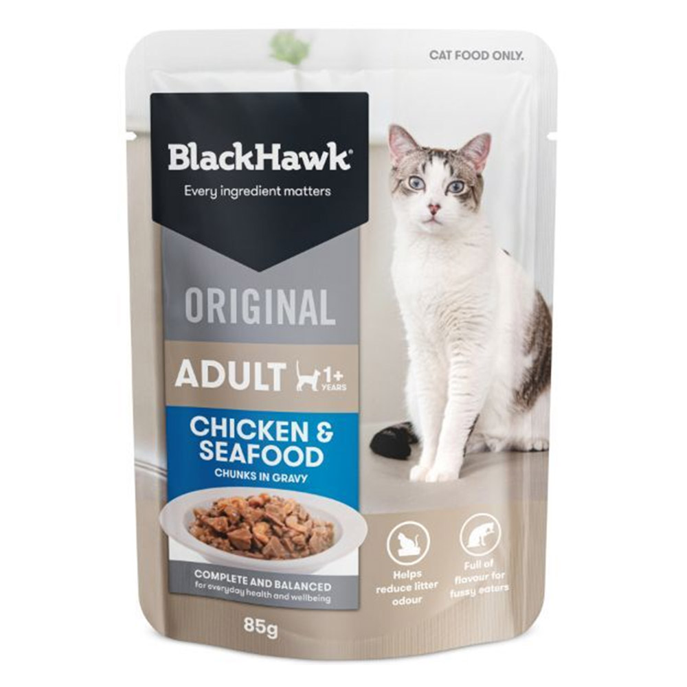 Black Hawk Original Adult 1+ Chicken & Seafood Chunks in Gravy Wet Cat Food 85 Gms