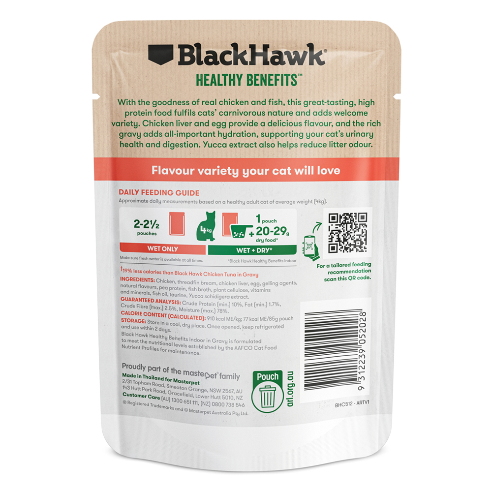 Black Hawk Healthy Benefits Indoor Adult 1+ Chicken & Whitefish Chunks in Gravy Wet Cat Food 85 Gms