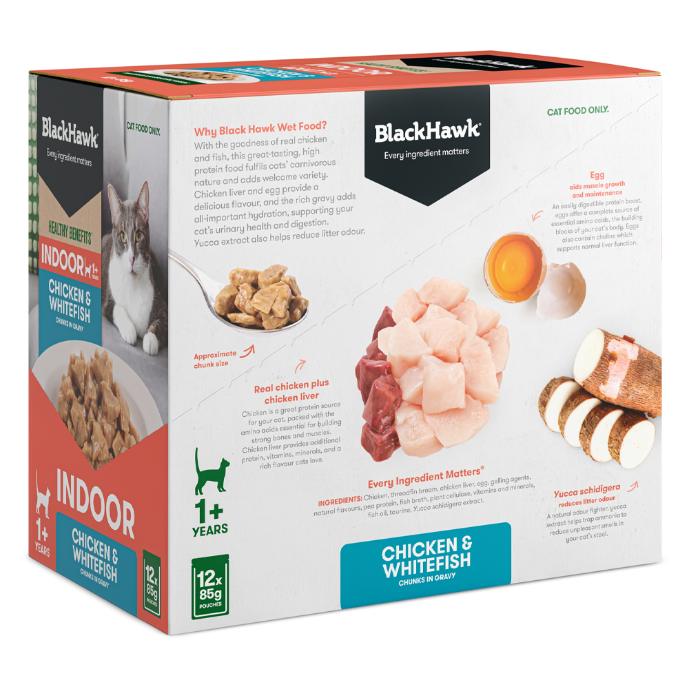 Black Hawk Healthy Benefits Indoor Adult 1+ Chicken & Whitefish Chunks in Gravy Wet Cat Food 85 Gms