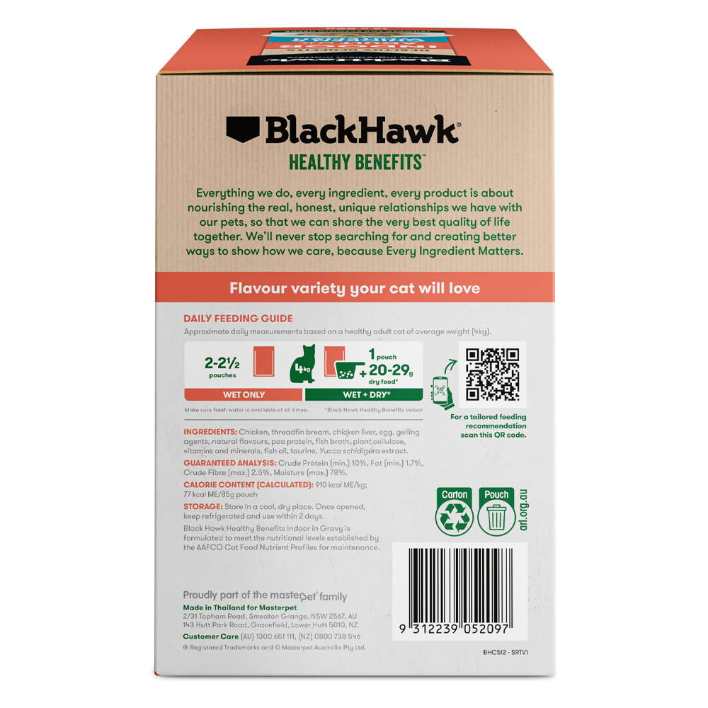 Black Hawk Healthy Benefits Indoor Adult 1+ Chicken & Whitefish Chunks in Gravy Wet Cat Food 85 Gms