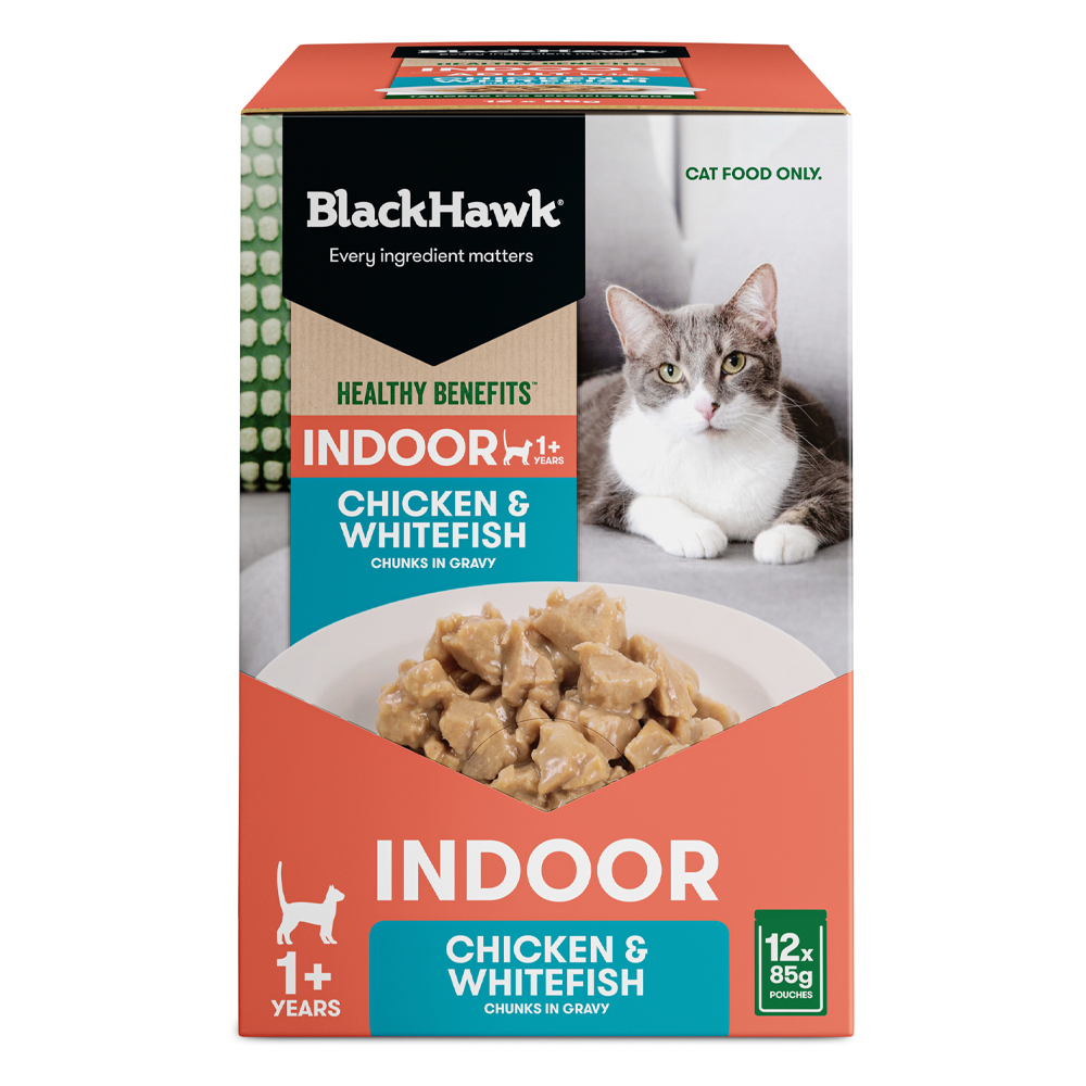 Black Hawk Healthy Benefits Indoor Adult 1+ Chicken & Whitefish Chunks in Gravy Wet Cat Food 85 Gms
