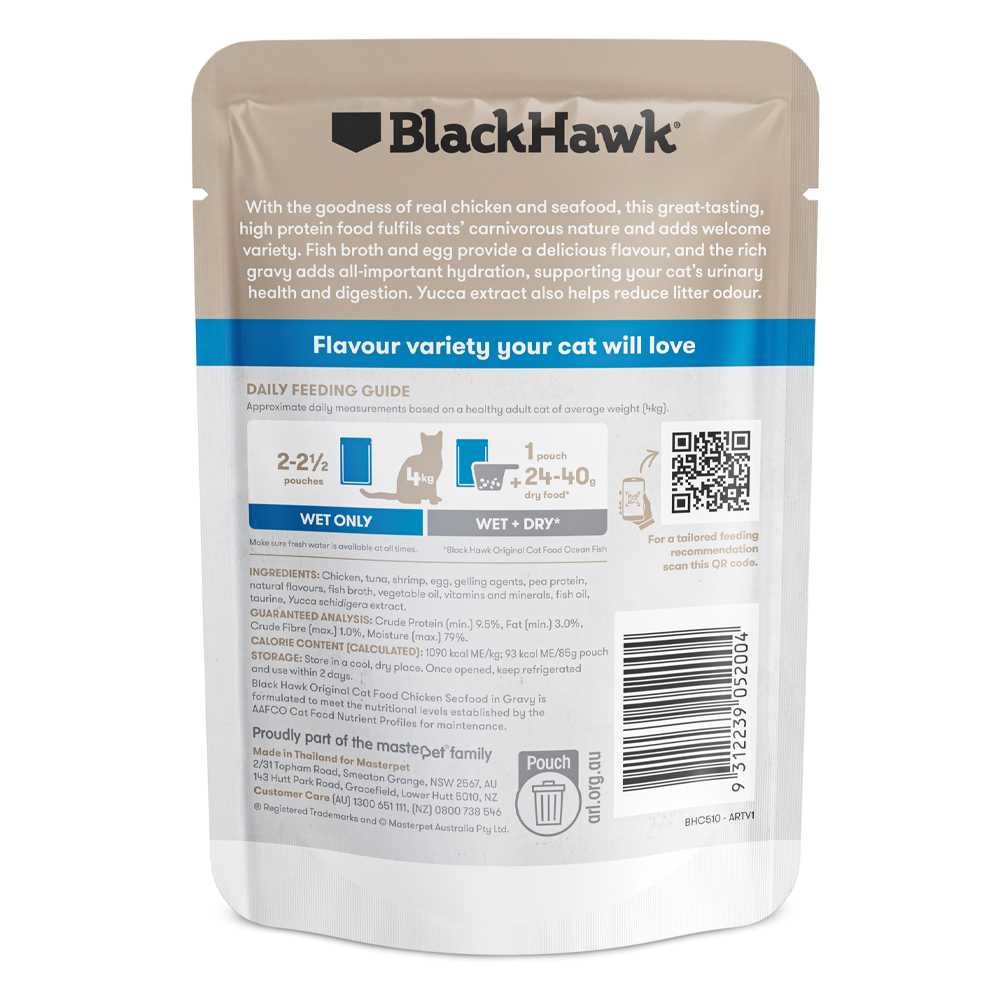 Black Hawk Original Adult 1+ Chicken & Seafood Chunks in Gravy Wet Cat Food 85 Gms