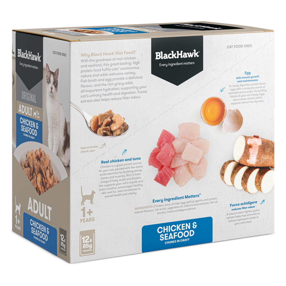 Black Hawk Original Adult 1+ Chicken & Seafood Chunks in Gravy Wet Cat Food 85 Gms