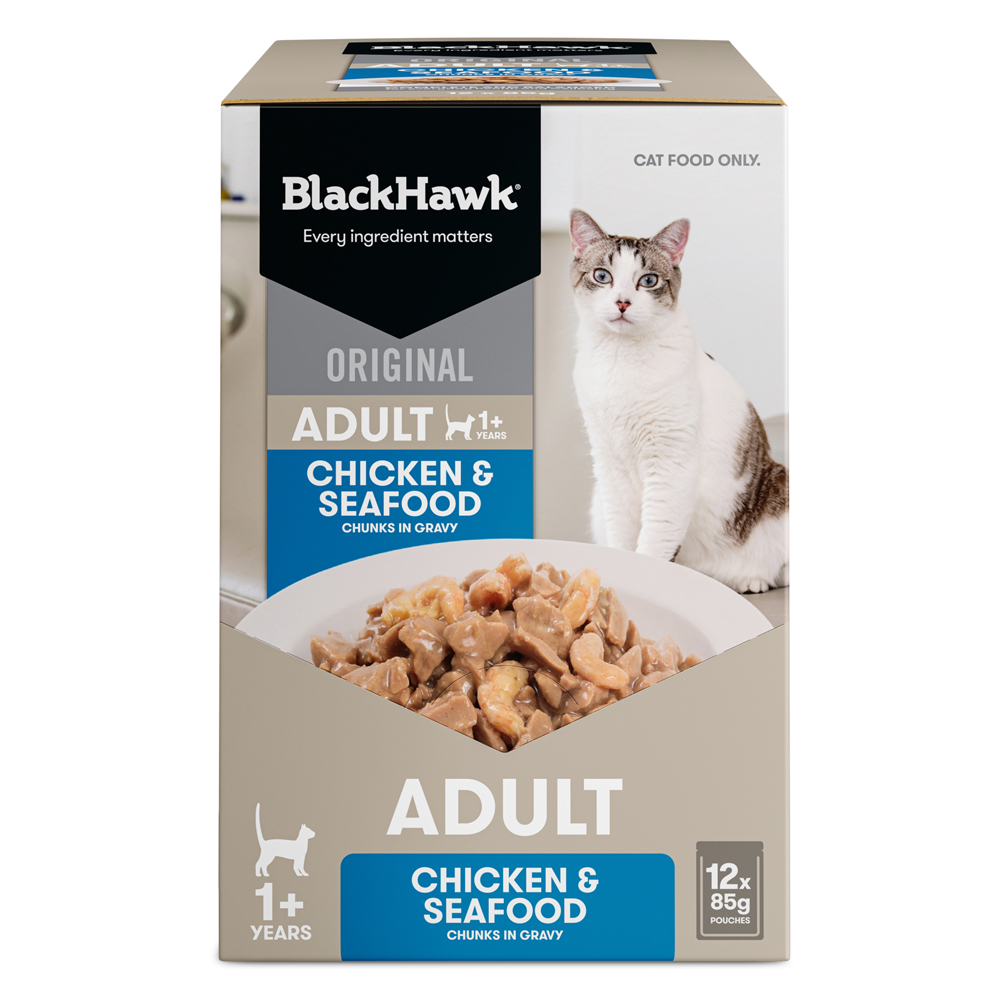 Black Hawk Original Adult 1+ Chicken & Seafood Chunks in Gravy Wet Cat Food 85 Gms
