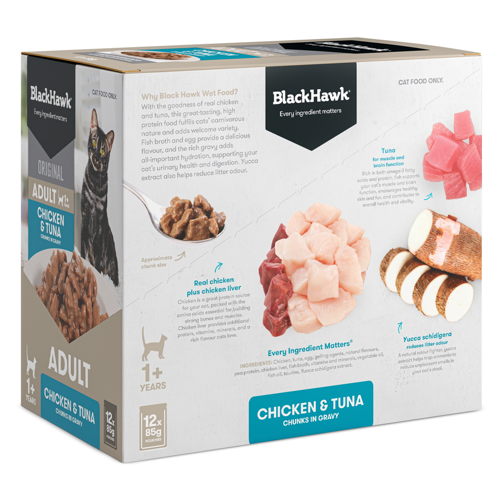 Black Hawk Original Adult 1+ Chicken & Tuna Chunks in Gravy Wet Cat Food 85 Gms
