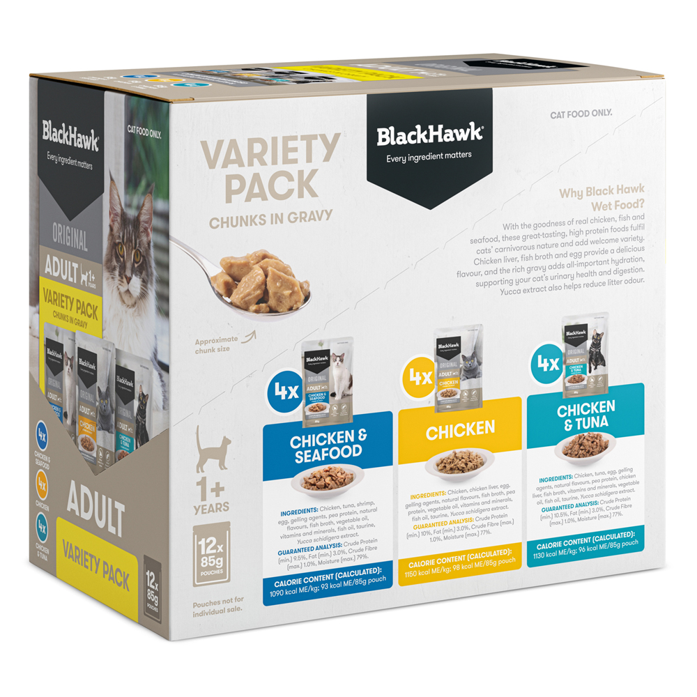 Black Hawk Original Adult 1+ Variety Pack Chunks in Gravy  Wet Cat Food 85 Gms