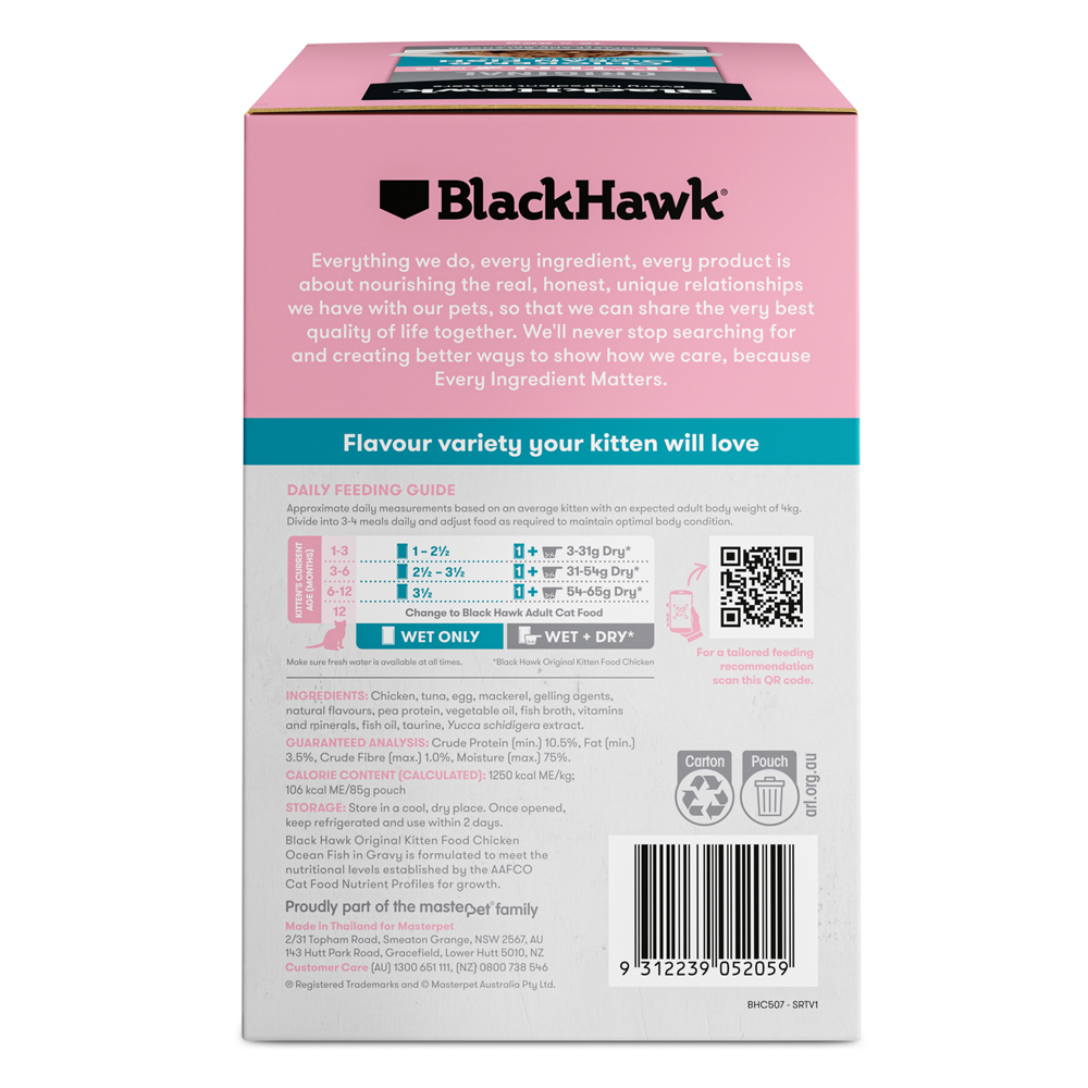 Black Hawk Original Kitten Chicken & Ocean Fish Chunks in Gravy Dry Cat Food 85 Gms