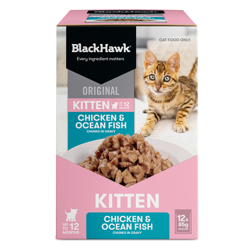Black Hawk Original Kitten Chicken & Ocean Fish Chunks in Gravy Dry Cat Food 85 Gms