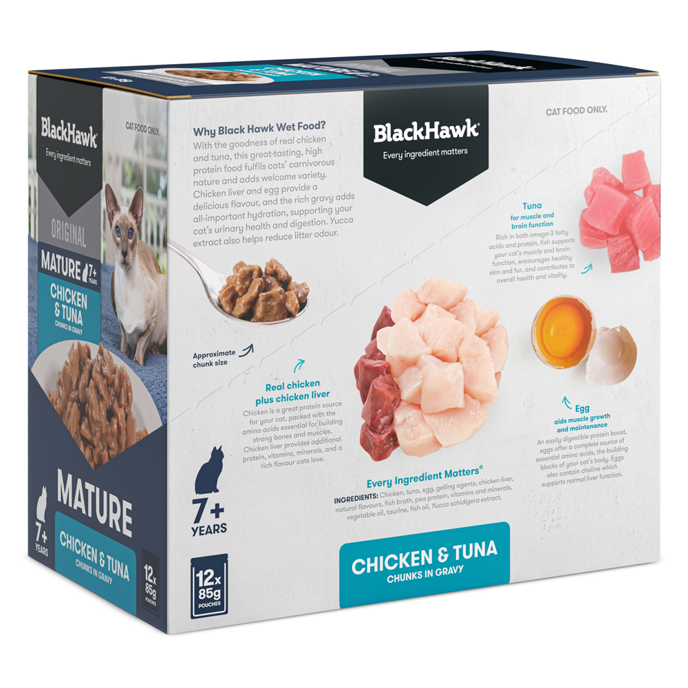 Black Hawk Original Mature 7+ Chicken & Tuna Chunks in Gravy Wet Cat Food 85 Gms