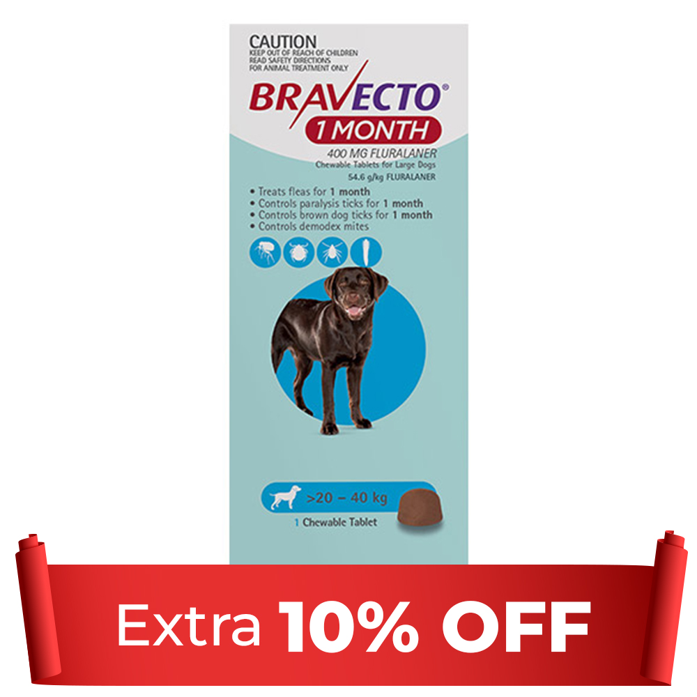 Bravecto 1 Month Chew For Dogs 20-40 Kg - Large (Blue) 1 Chew - 1 Month