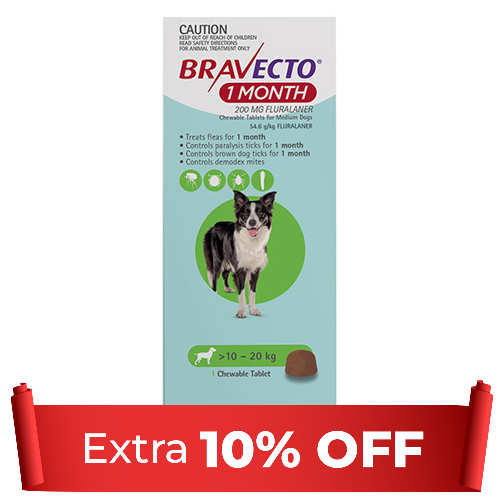 Bravecto 1 Month Chew for Dogs 10-20 Kg - Medium (Green)
