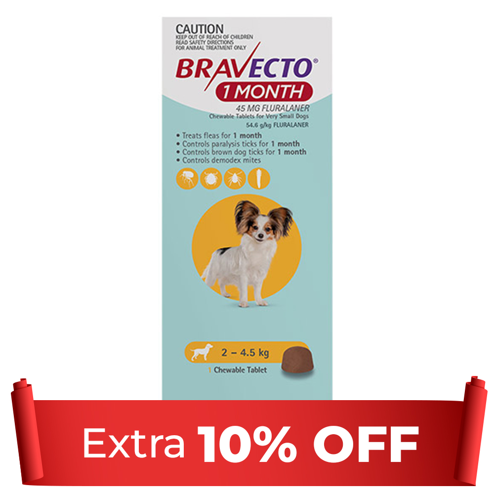 Bravecto 1 Month Chew For Dogs 2-4.5 Kg - Very Small (Yellow) 1 Chew - 1 Month