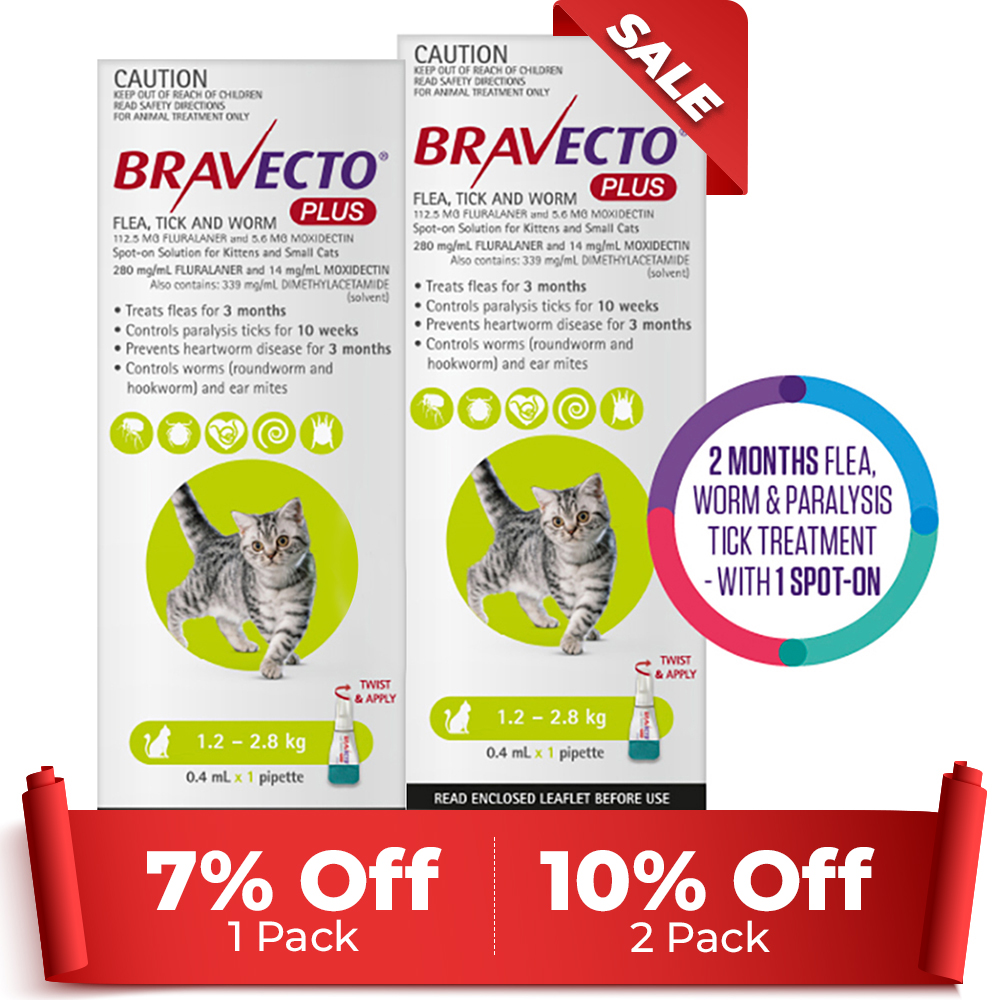 Bravecto Plus For Small Cats 1.2 – 2.8 Kg (Green) 2 Pack