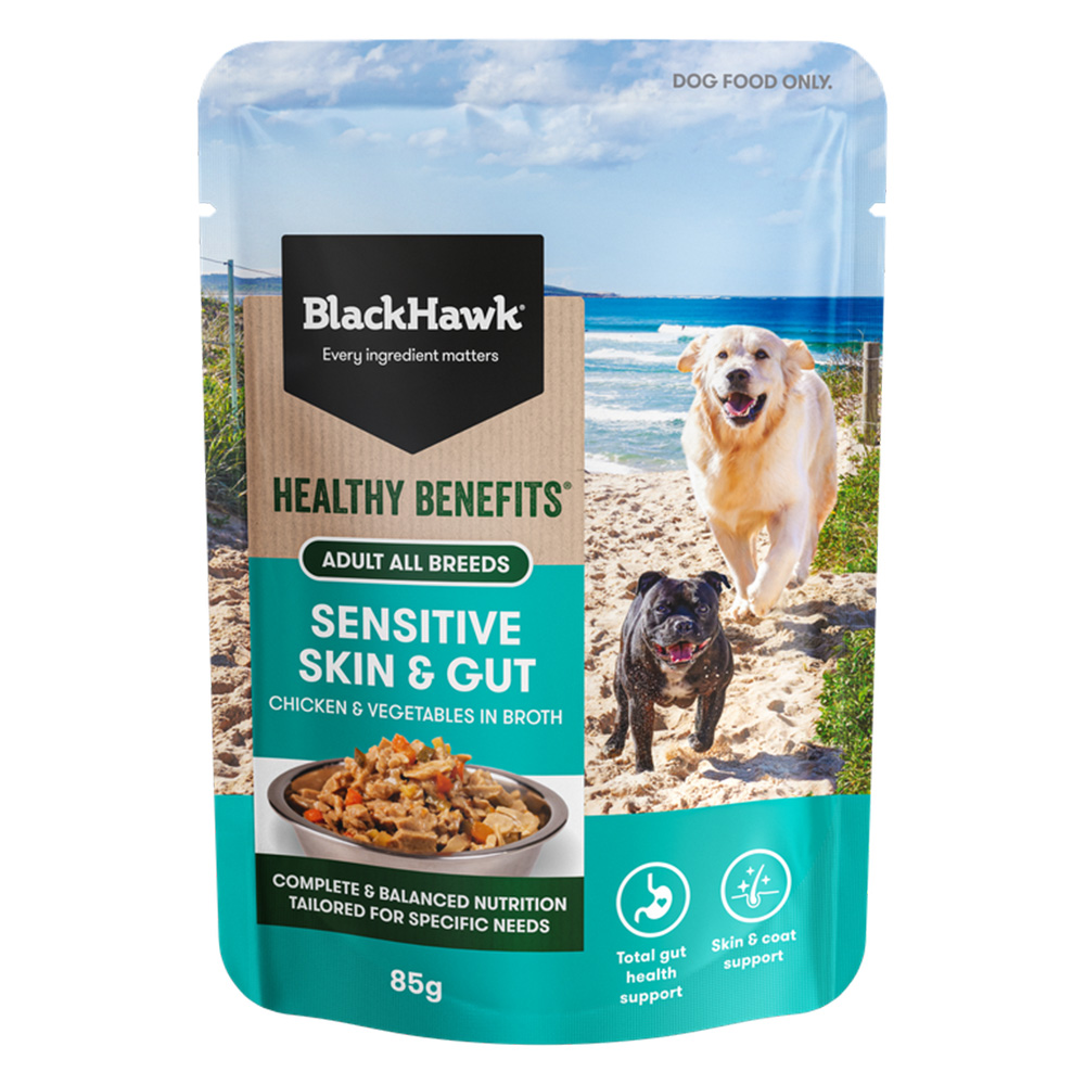 Black Hawk Healthy Benefits Sensitive Skin & Gut Chicken & Vegetables in Broth Wet Dog Food