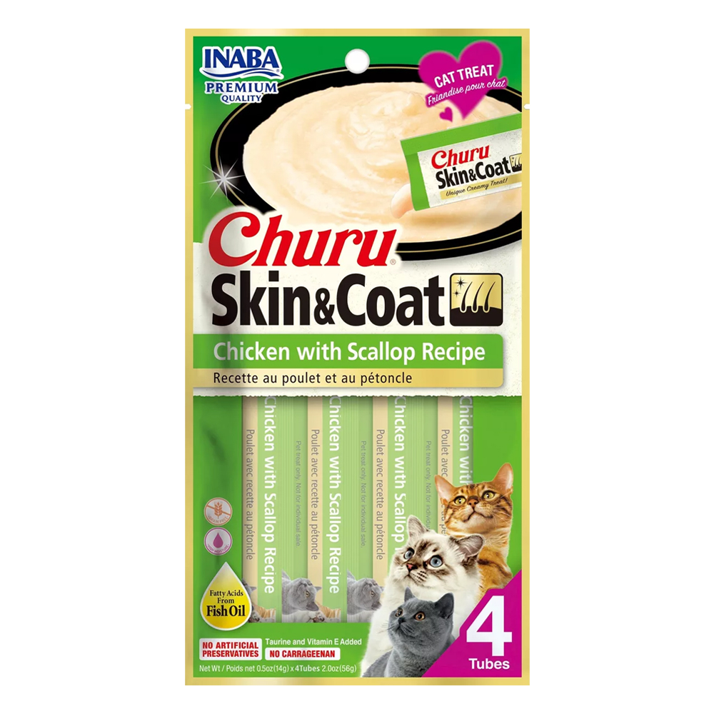 Inaba Churu Skin & Coat Chicken With Scallop Recipe Cat Treat  4 Tubes