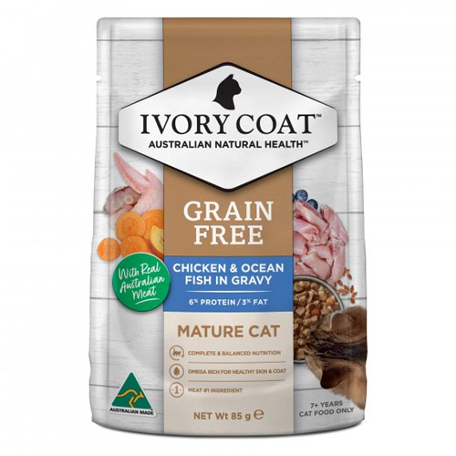 Ivory Coat Grain Free Mature Chicken & Ocean Fish in Gravy Wet Cat Food 85gm