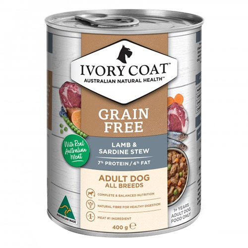 Ivory Coat Grain Free Adult Dog Canned Wet Food Lamb And Sardine Stew 400gm