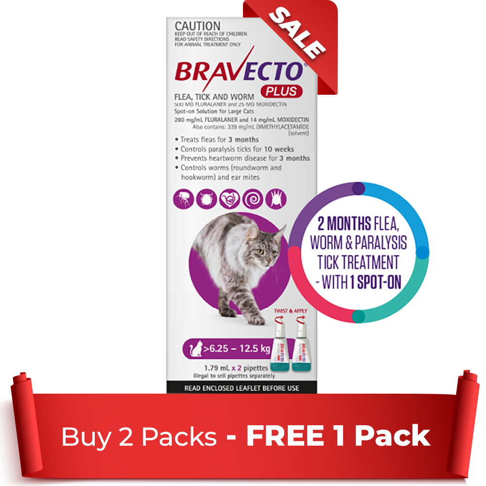 Bravecto Plus For Large Cats 6.25 – 12.5 Kg (Purple) 2 Pack + 1 Pack Free