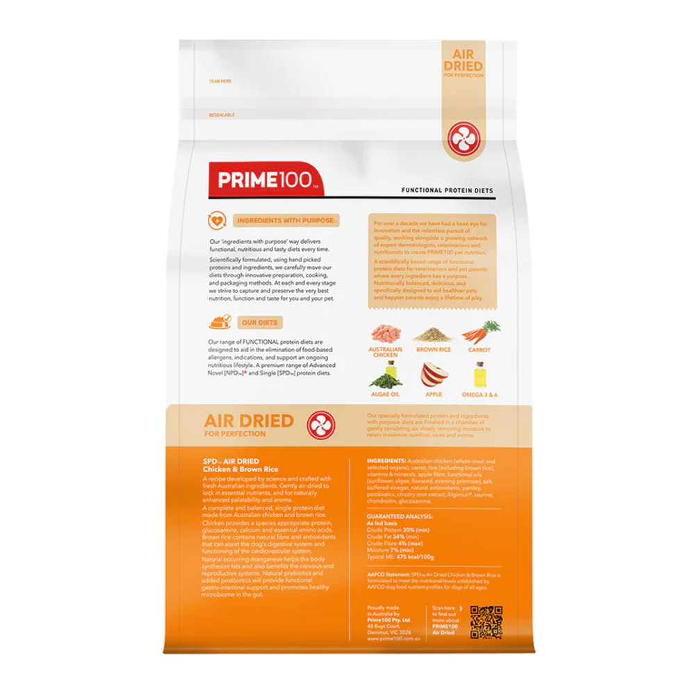Prime100 SPD Single Protein Diets Air Dried Chicken & Brown Rice All Life Stages Dry Dog Food