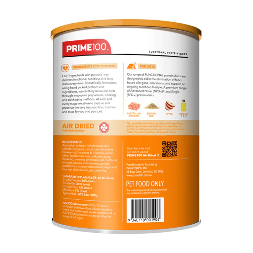 Prime100 SPD Single Protein Diets Air Dried Chicken & Brown Rice All Life Stages Dry Dog Food