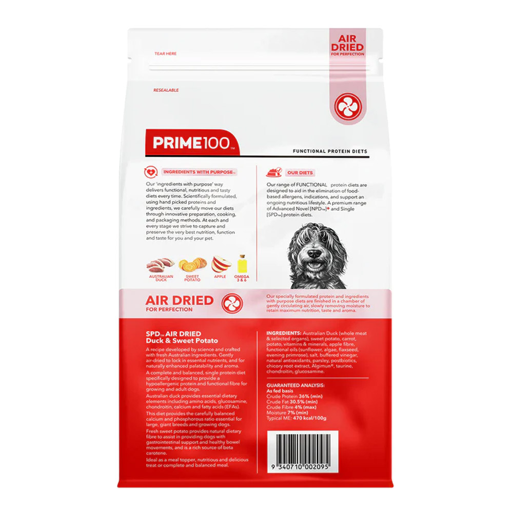 Prime100 SPD Single Protein Diets Air Dried Duck & Sweet Potato All Life Stages Dry Dog Food