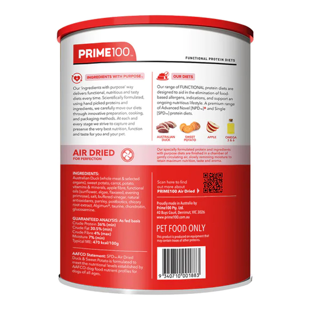 Prime100 SPD Single Protein Diets Air Dried Duck & Sweet Potato All Life Stages Dry Dog Food