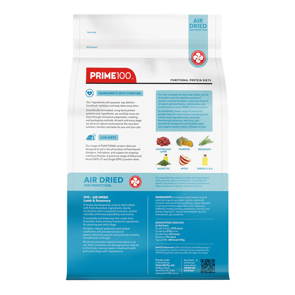 Prime100 SPD Single Protein Diets Air Dried Lamb & Rosemary All Life Stages Dry Dog Food