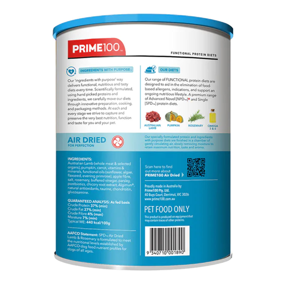 Prime100 SPD Single Protein Diets Air Dried Lamb & Rosemary All Life Stages Dry Dog Food