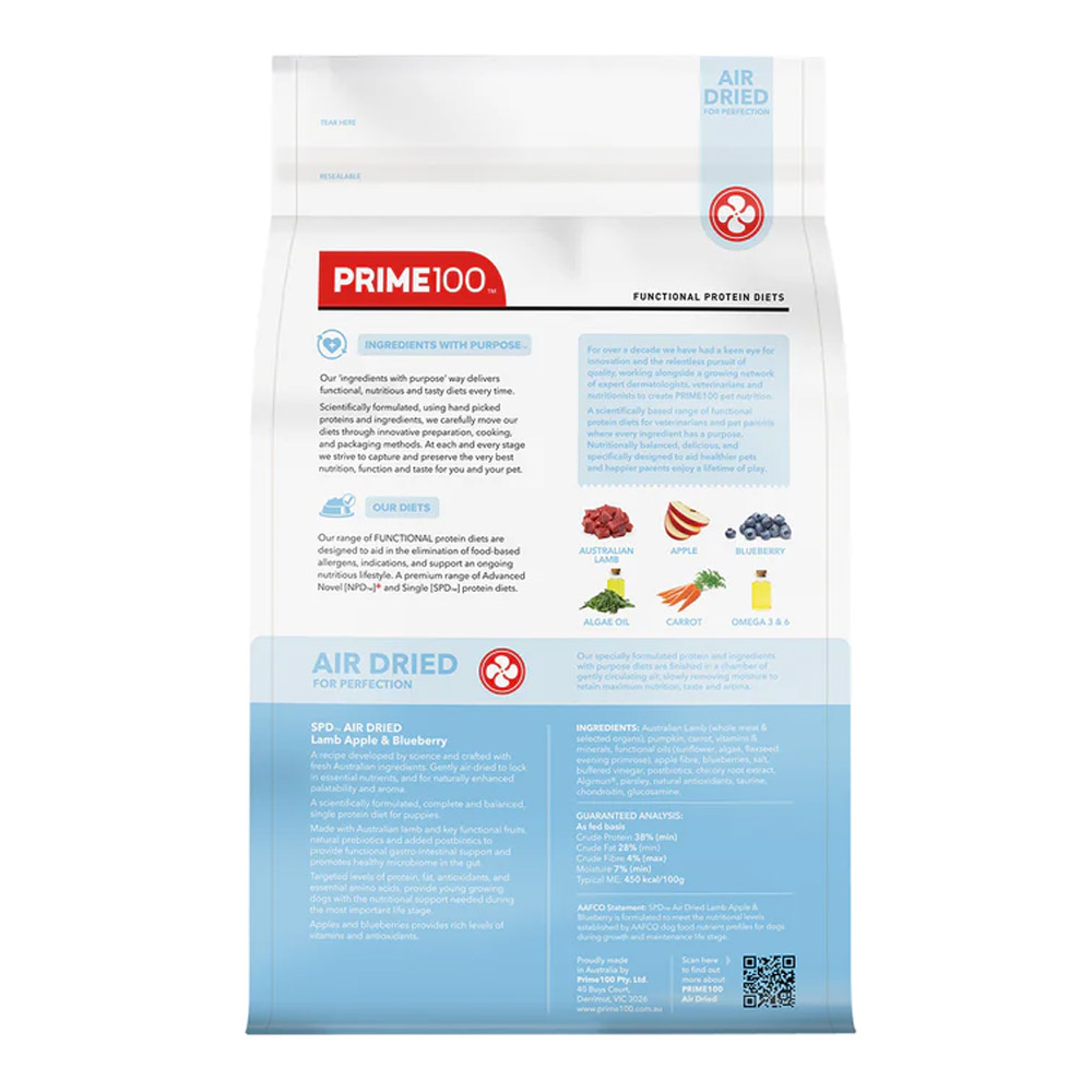 Prime100 SPD Single Protein Diets Air Dried Lamb, Apple & Blueberry Puppy Dry Dog Food