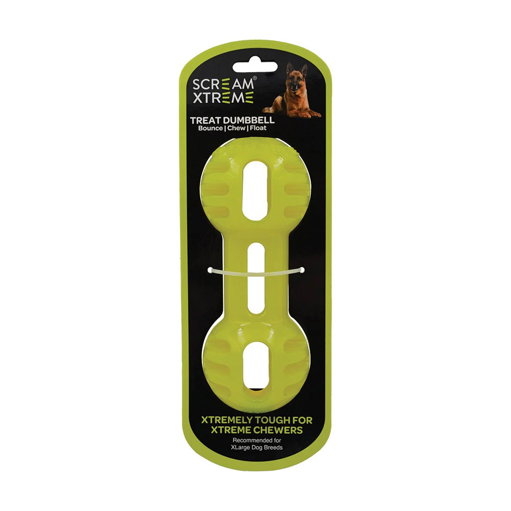 Scream Xtreme Treat Dumbbell Dog Toy - Loud Green