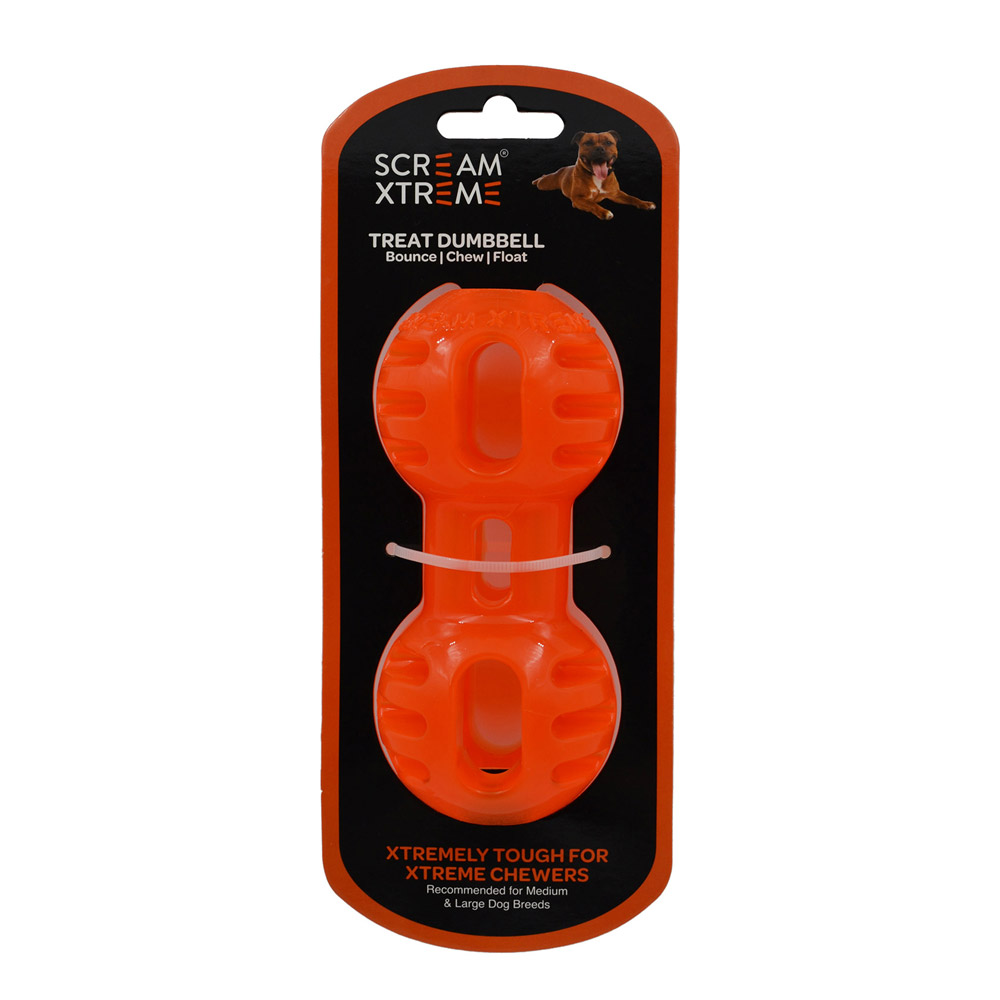 Scream Xtreme Treat Dumbbell Dog Toy - Loud Orange