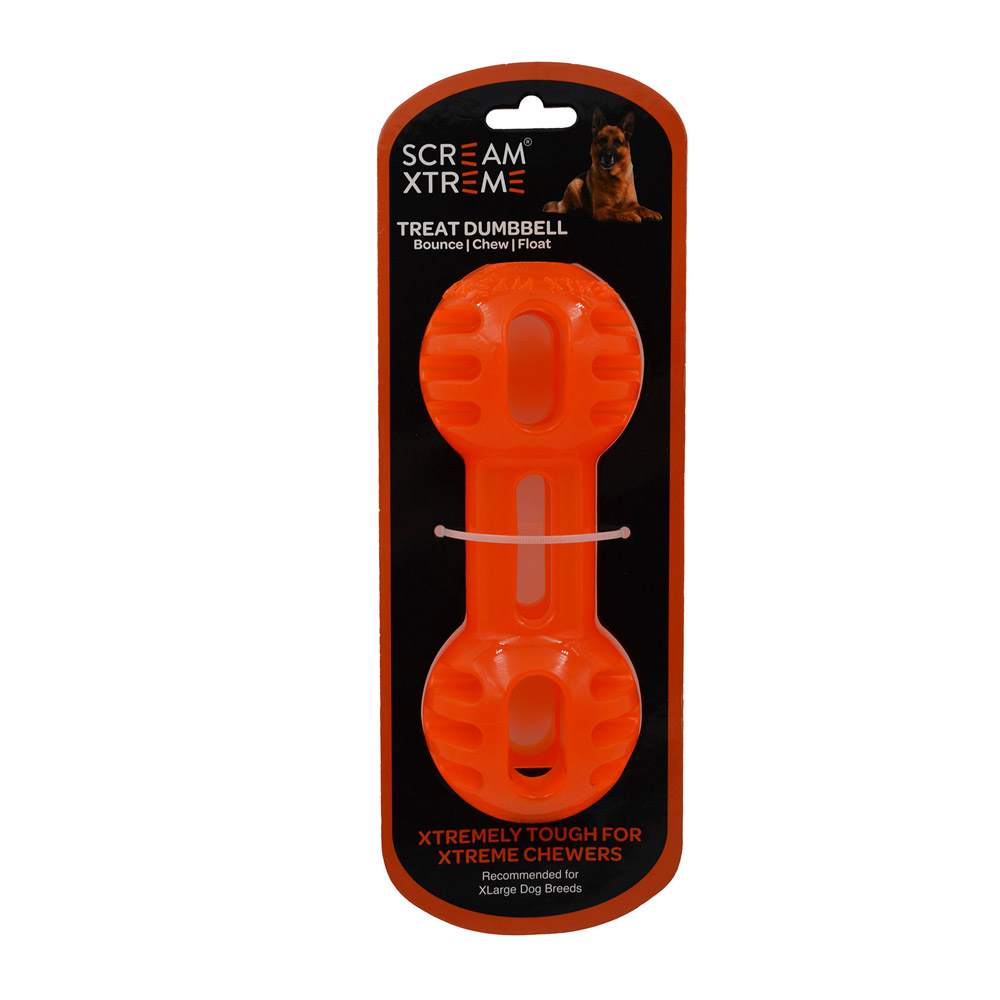 Scream Xtreme Treat Dumbbell Dog Toy - Loud Orange