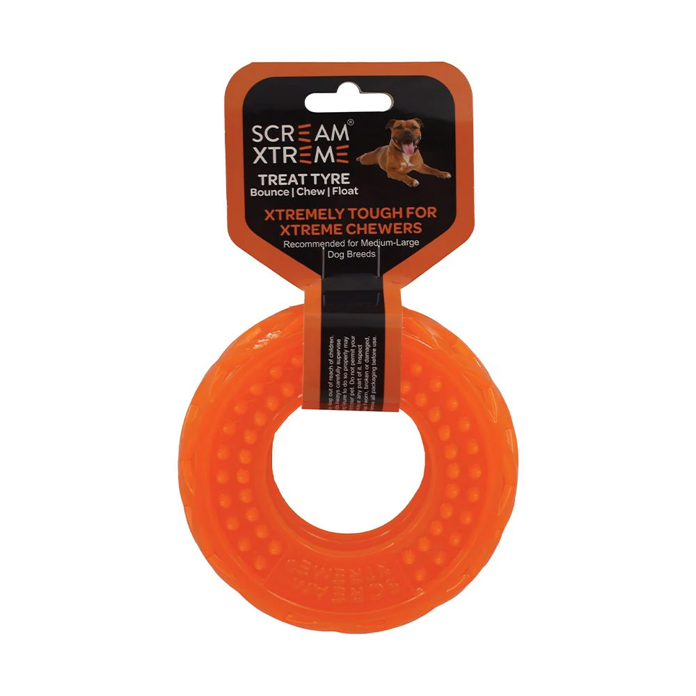 Scream Xtreme Treat Tyre Dog Toy - Loud Orange 13 Cm X 4.5cm - Medium/Large
