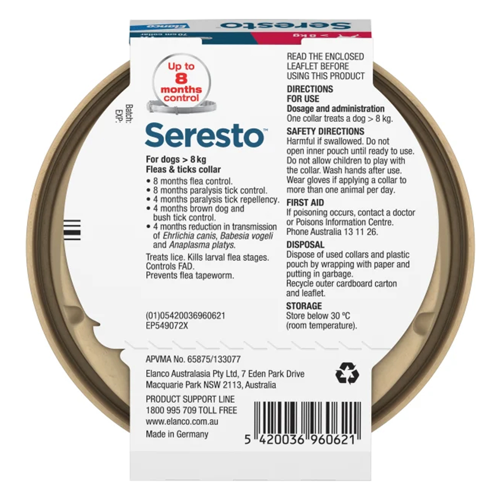 Seresto Flea and Tick Collar for Dogs over 8 Kg (Red)