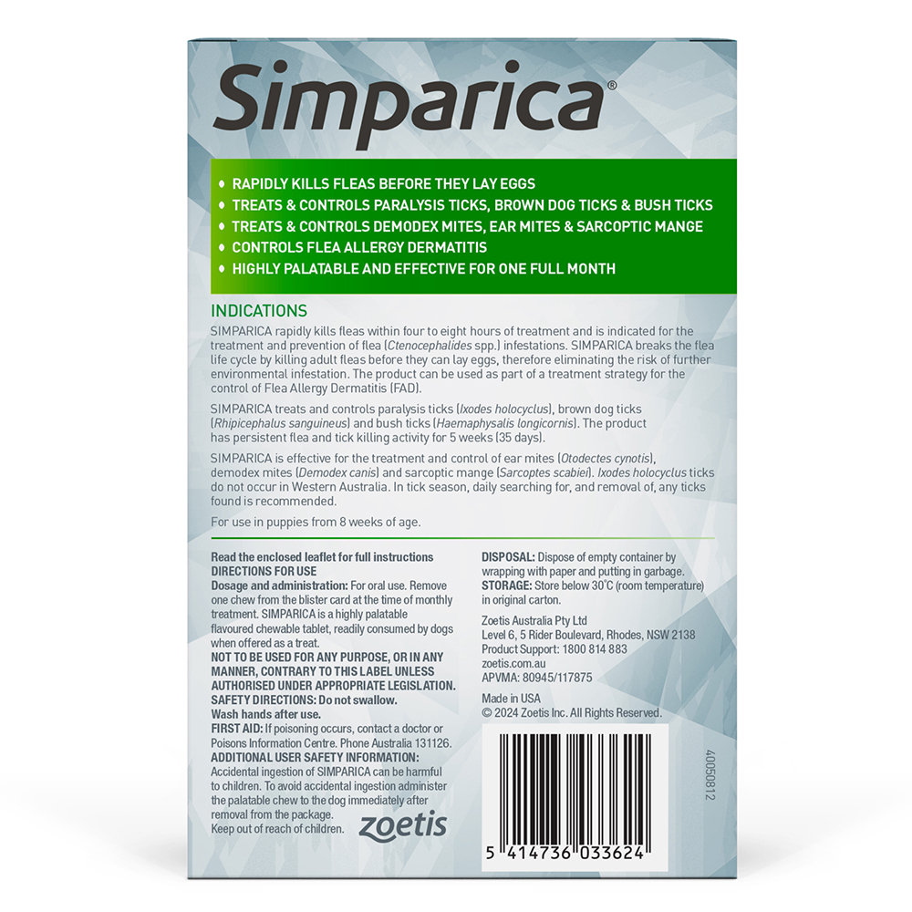 Simparica Chewables 80MG for Large Dogs 20.1-40KG (GREEN)