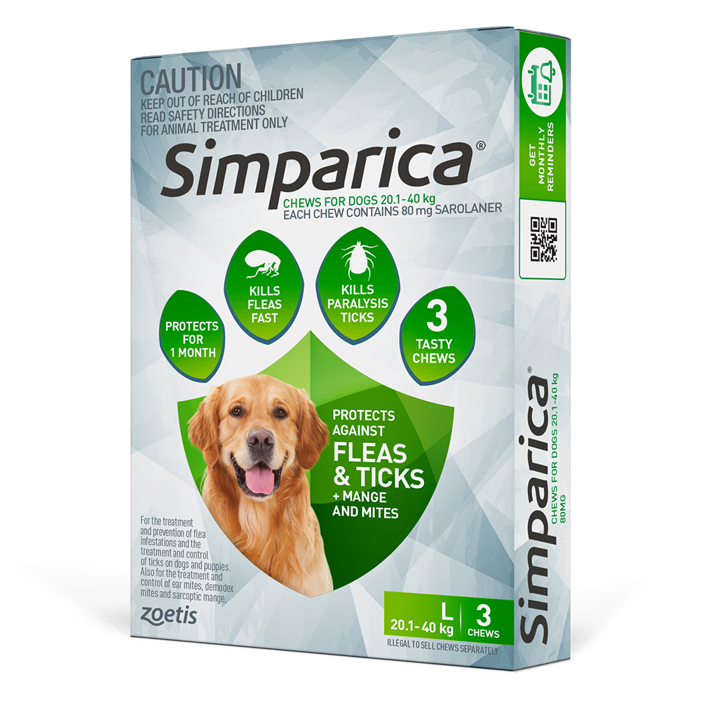 Simparica Chewables 80MG for Large Dogs 20.1-40KG (GREEN)