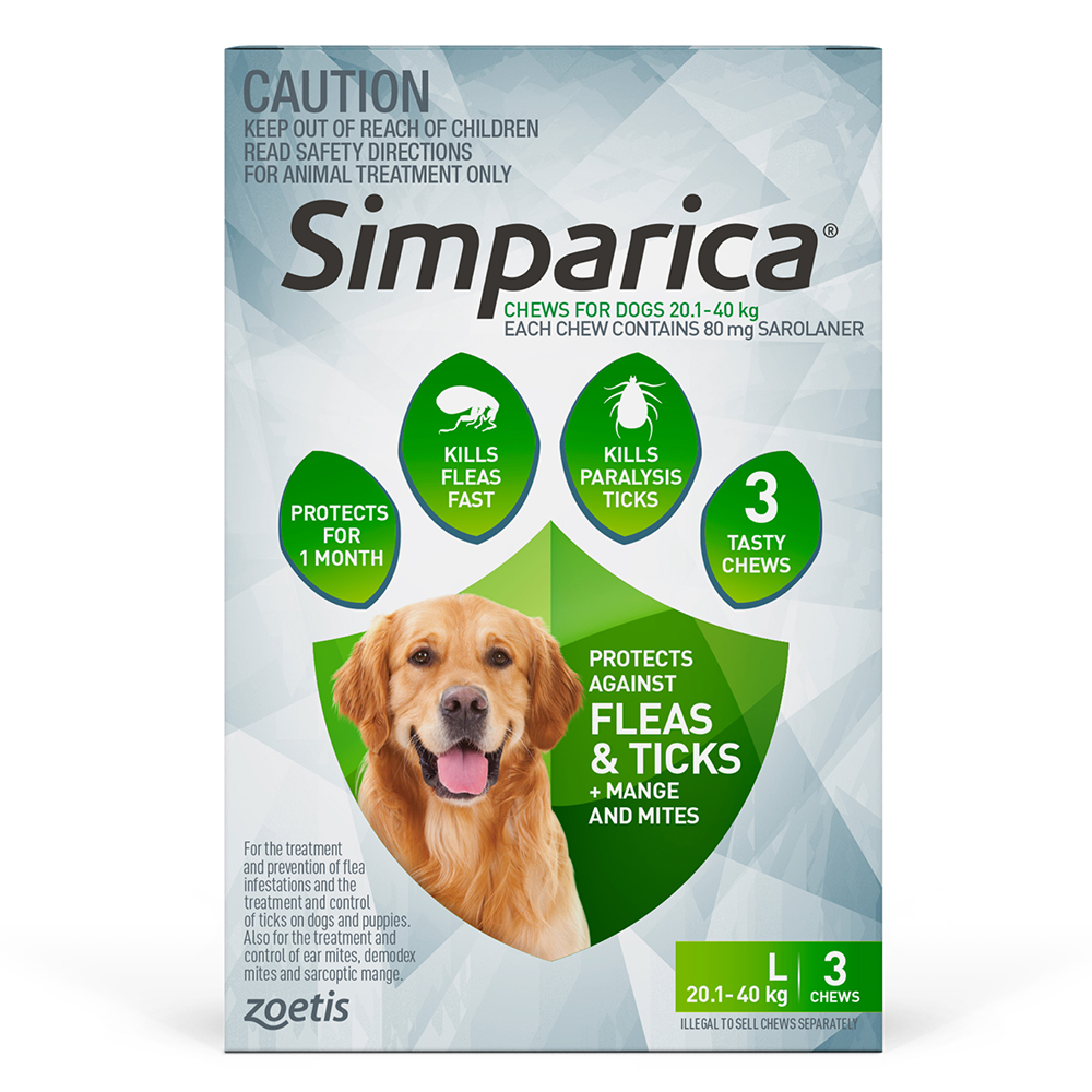 Simparica Chewables 80MG for Large Dogs 20.1-40KG (GREEN)