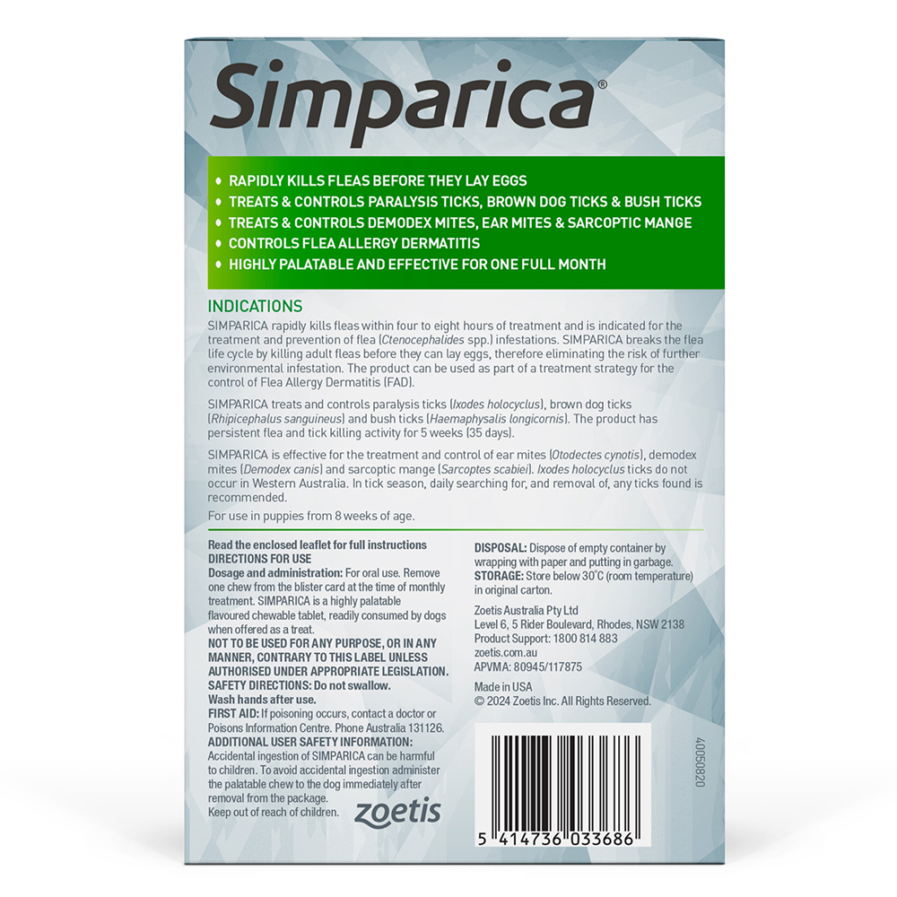 Simparica Chewables 80MG for Large Dogs 20.1-40KG (GREEN)